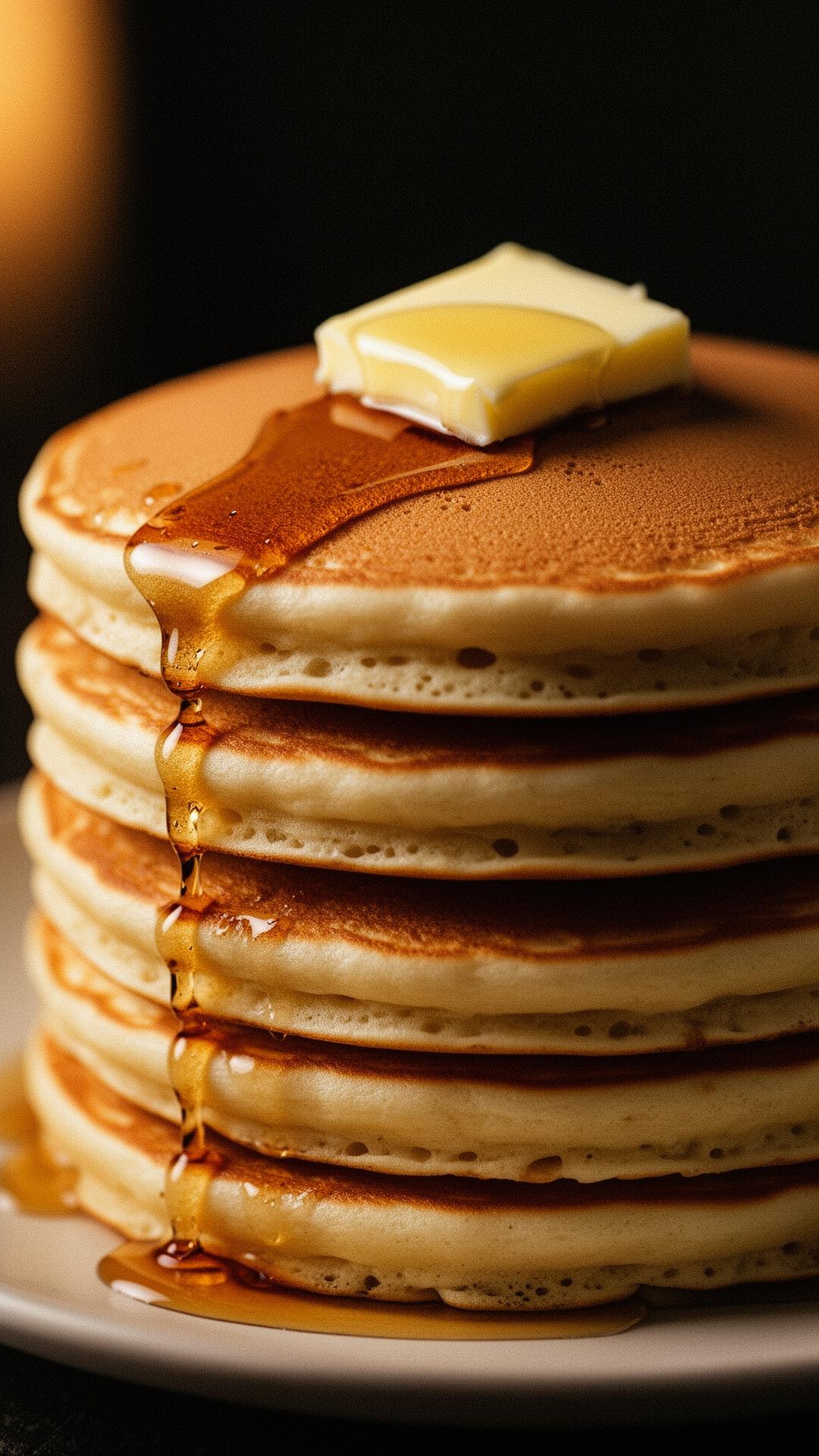 Tall stack of buttermilk pancakes with butter and maple syrup at Borealis